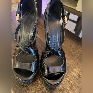 Burberry Black Patent Leather Wedge Heels Sandals